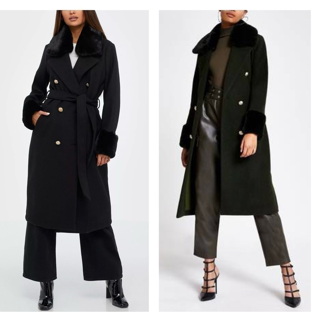 River Island Black Villanelle Coat Long w/ Faux Fur & Detachable Collar